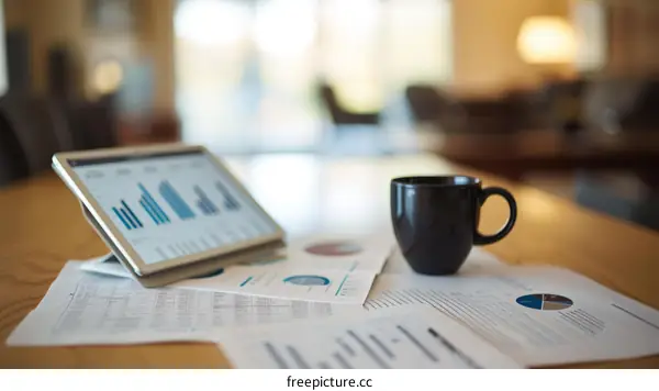 A tablet and a cup of coffee on a desk with papers