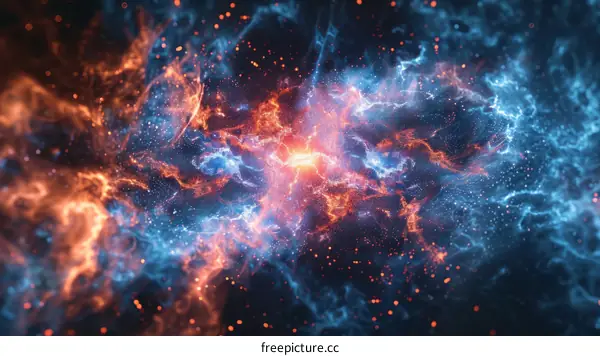 Abstract background of glowing fire and ice particles with lightnings