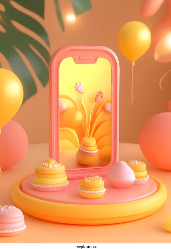 3D Phone Screen with Abstract Floral Design and Macarons