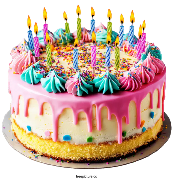 [Transparent Background PNG]Birthday Cake with Colorful Candles and Dripping Glaze