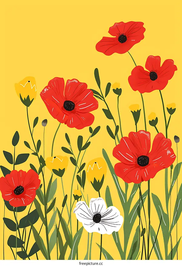Red And Yellow Flowers On Yellow Background
