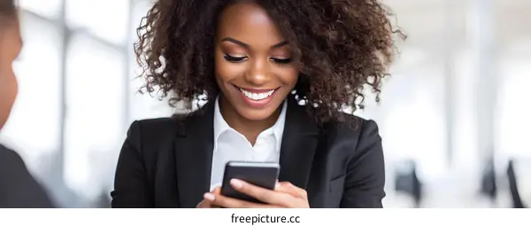 Smiling African American Businesswoman Using Smartphone