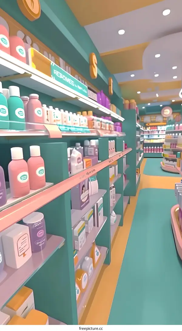 3D Cartoon Illustration of a Store Interior with Shelves Full of Products