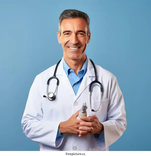 Smiling male doctor in white coat holding a spray bottle
