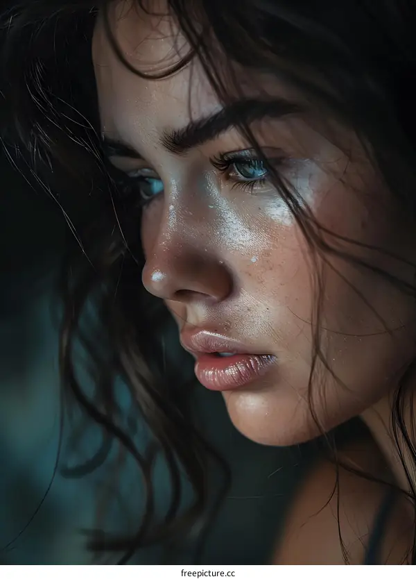 Close-up portrait of a beautiful young woman with wet hair and a pensive expression on her face