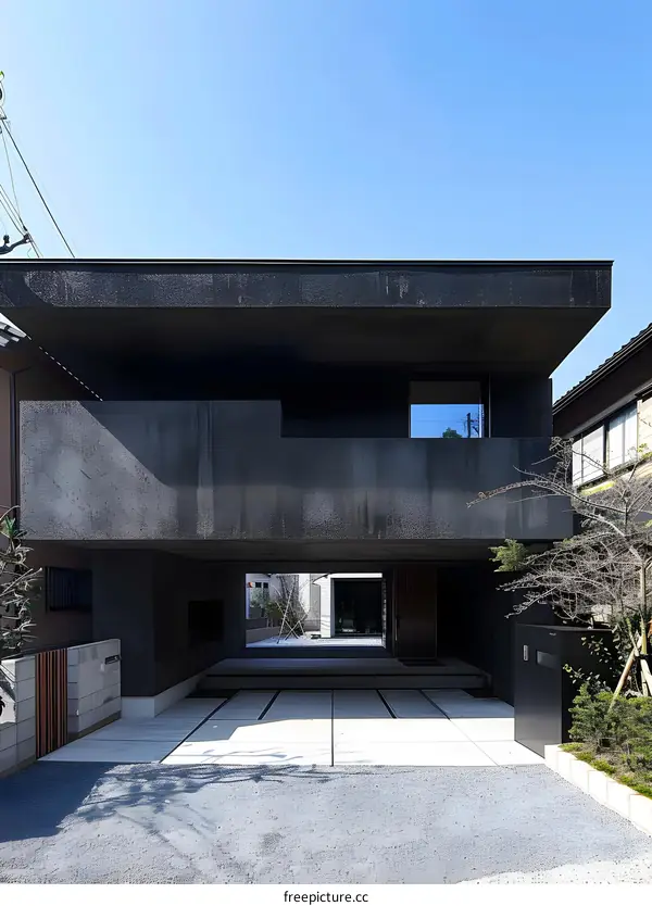 Modern Black Concrete House with Overhang and Courtyard