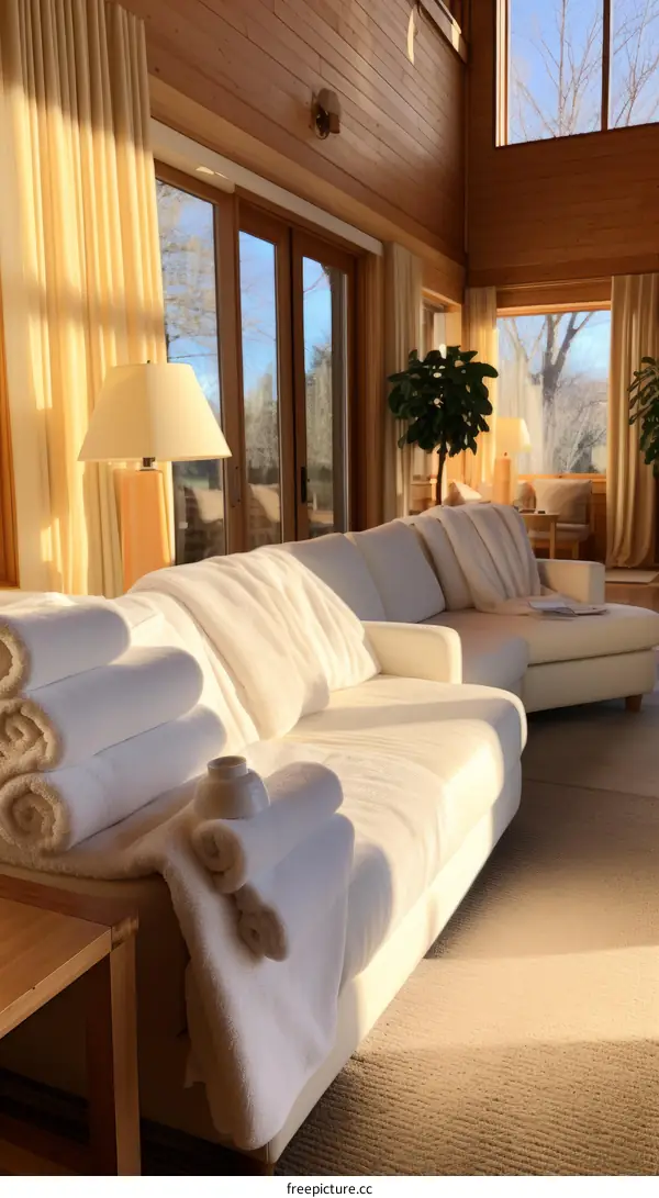 Rolled up white towels on a sofa in a modern living room with large windows