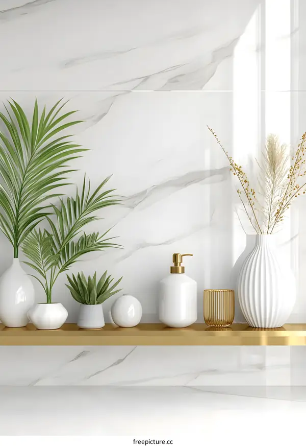 Gold Shelf With White Marble Background And Decor
