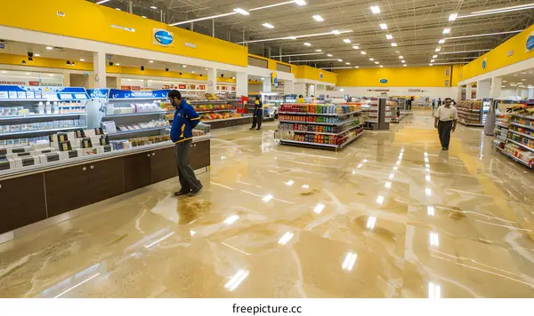 Grocery Store Interior with Shelves Full of Products and People Shopping