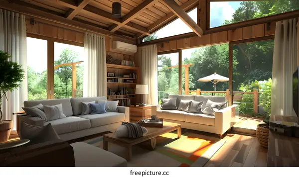 Modern Wooden Cabin Living Room With Large Windows And Forest View