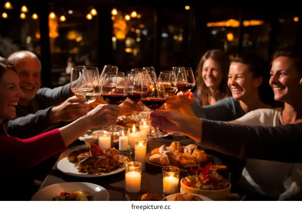 A group of friends toasting wine glasses at a dinner party