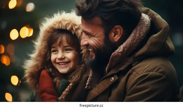 Father and daughter laughing together in front of a Christmas tree