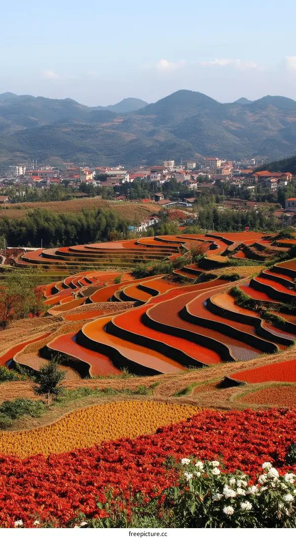 Colorful Terraced Rice Paddies with Village Views