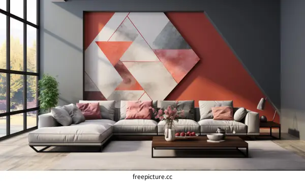 Modern living room interior with large windows and abstract painting on the wall
