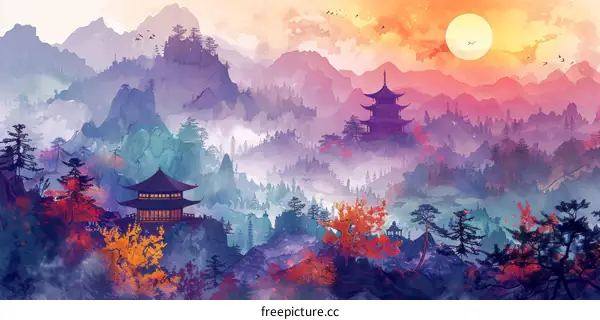 Oriental ink landscape painting of mountains and pavilions