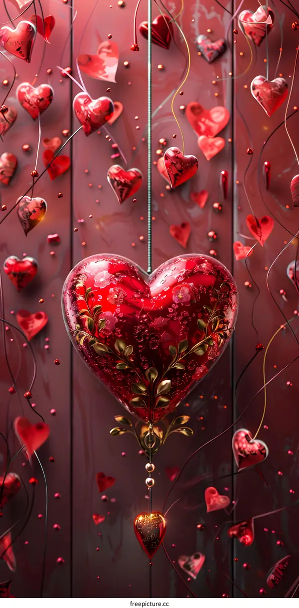 A red heart-shaped pendant with many red hearts around it