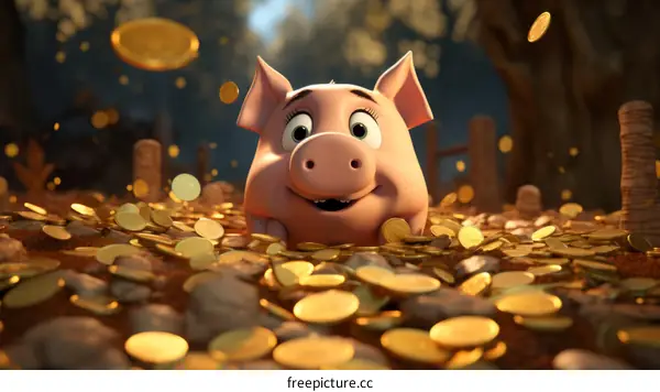 A pink cartoon pig sitting in a pile of gold coins