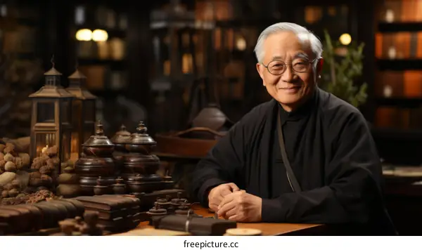 Portrait of a smiling elderly Asian man in a traditional Chinese setting