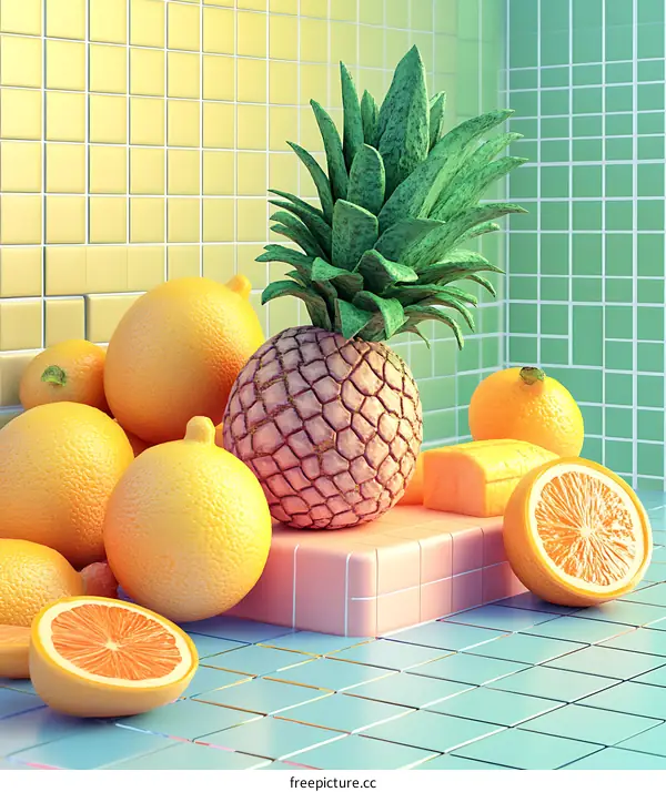 Pineapple and Lemons on Blue and Pink Tiles