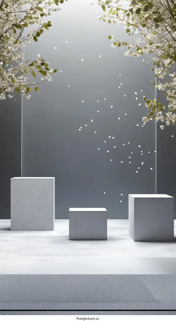 Empty Gray Display Podium with Cherry Blossoms