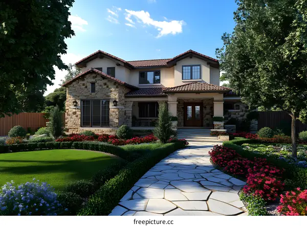 Modern Stone House with Lush Landscaping