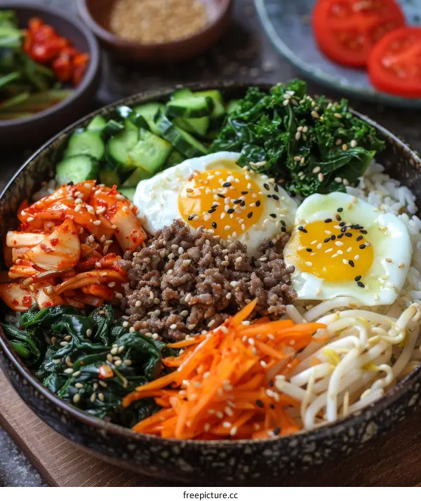 Delicious Korean Bibimbap with Rice, Beef, Egg, and Vegetables