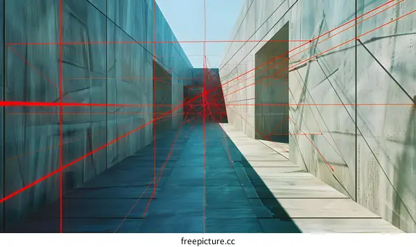 Abstract Red Lines and Grey Walls Minimalist Architecture