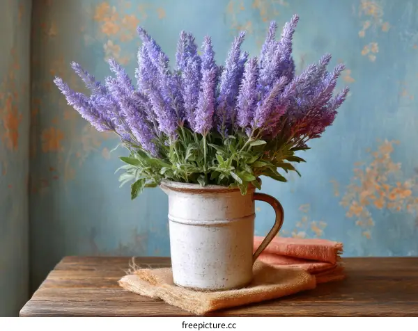 Lavender Bouquet in a Vintage Pitcher on Wooden Table