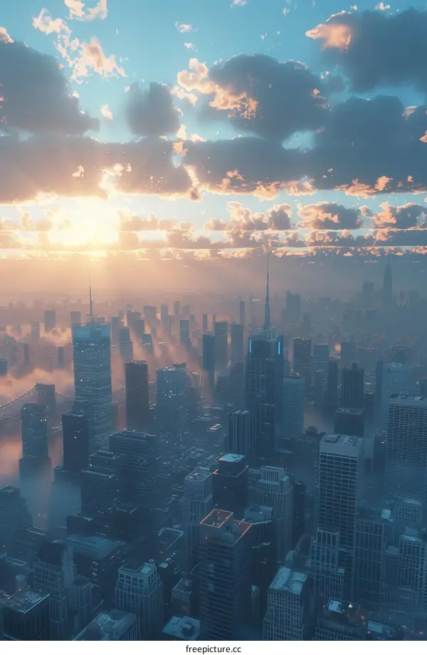 Cityscape with High-Rise Buildings and a Vibrant Sunset