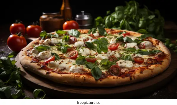 A delicious pizza with tomatoes, basil, and mozzarella cheese