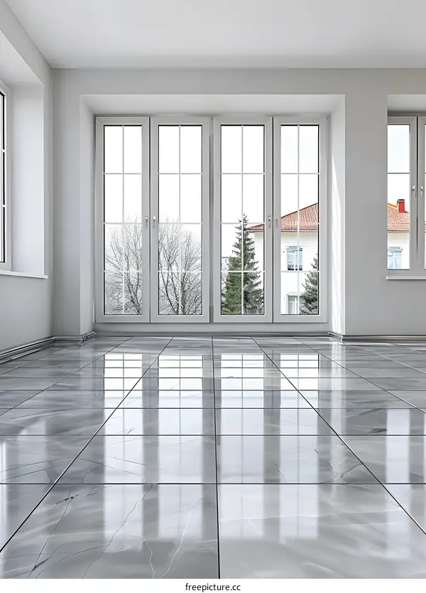 Modern Interior Design with Large Window and Grey Tile Flooring