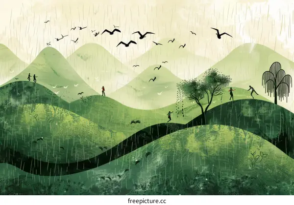 People walking in the rain in the countryside