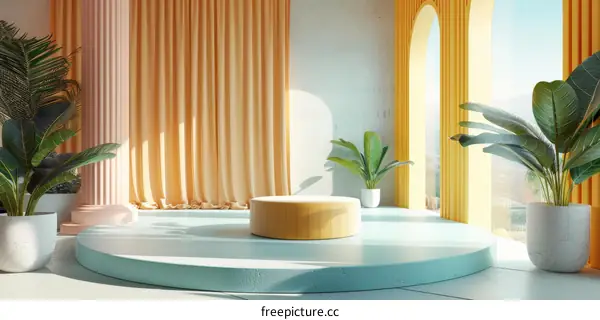 Pastel Aesthetic Minimalist Display Stage with Plants