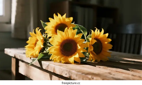 A Bunch of Vibrant Sunflowers on a Wooden Table