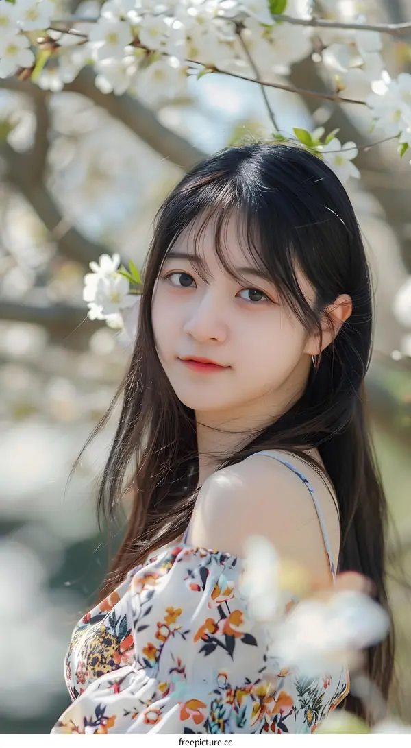 Beautiful Asian Girl in a Floral Dress Posing in a Garden