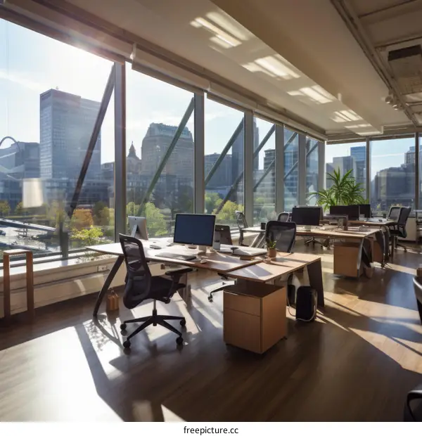 The sunlight shines through the office windows