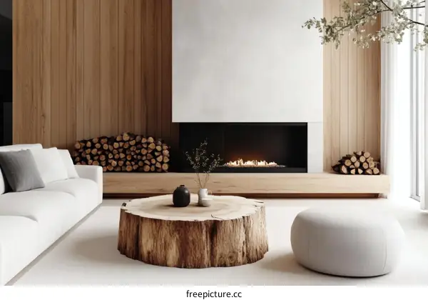 Modern Minimalist Living Room with Fireplace and Wooden Accent