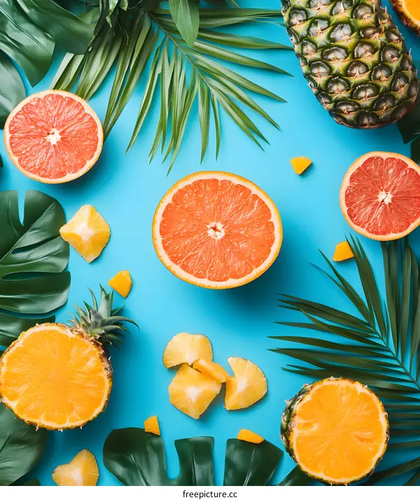 Tropical Fruits Summer Background With Green Leaves