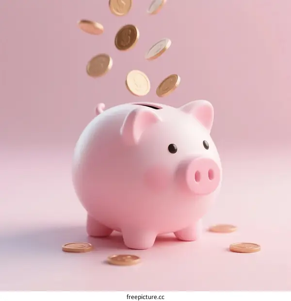 Pink Piggy Bank with Falling Coins for Saving Money
