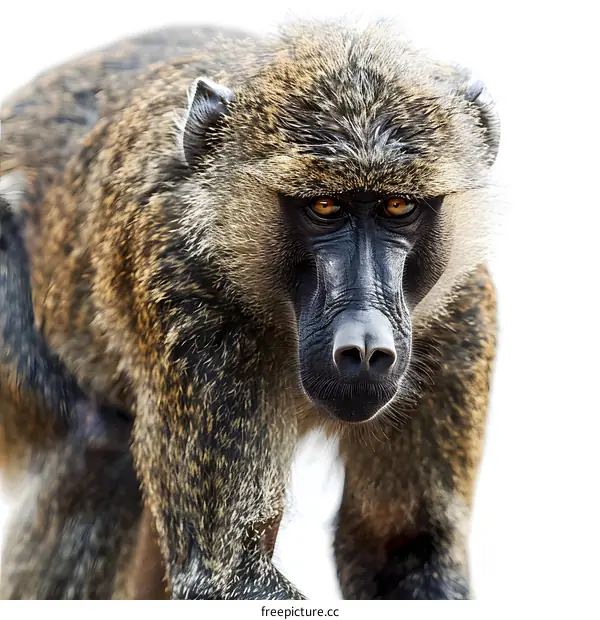 A male baboon with an aggressive expression on its face