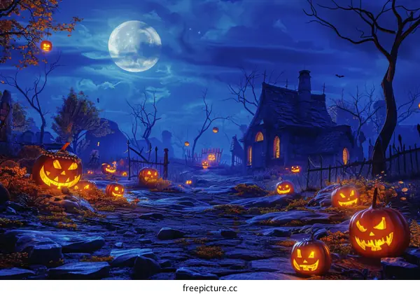 Spooky Halloween Night with Haunted House and Scary Pumpkins