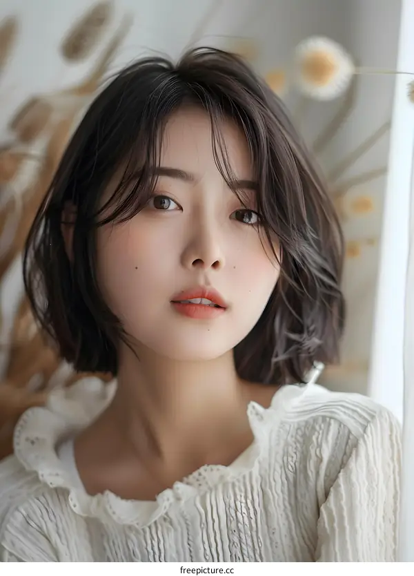 Closeup Portrait of a Young Asian Woman with Short Hair