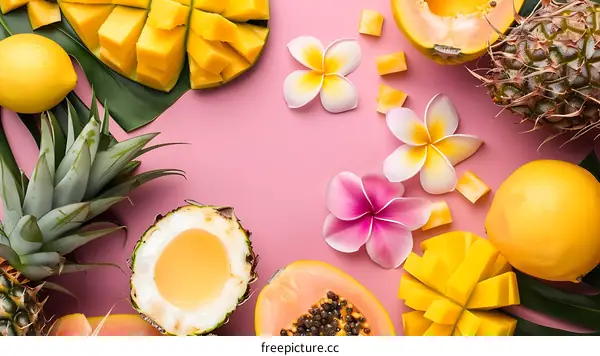 Tropical Fruits and Flowers on Pink Background