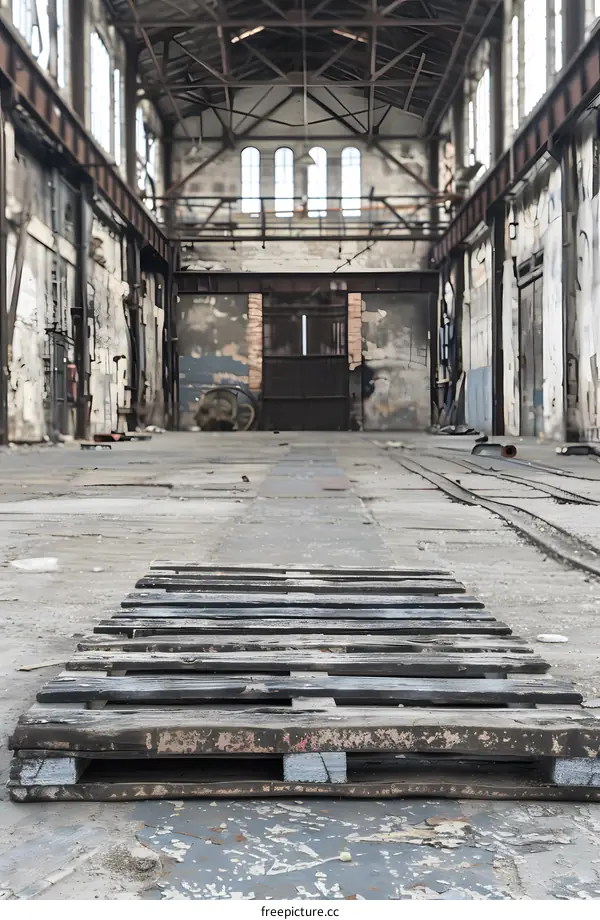 Old Abandoned Warehouse Interior With Pallet In Foreground