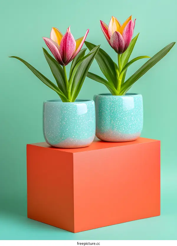 Two Tulips in Blue Pots on an Orange Cube