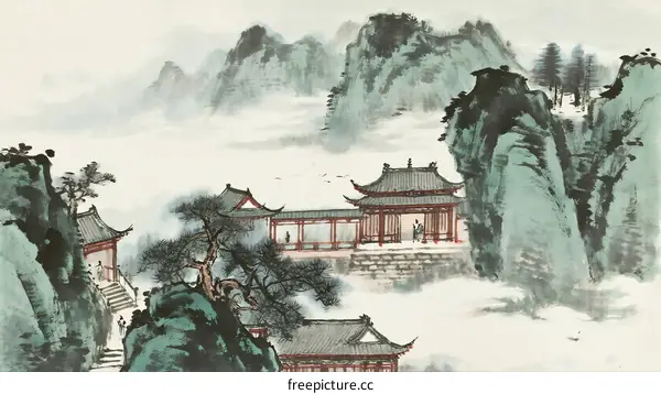 Ancient Chinese Traditional Landscape Painting with Temples and Mountains