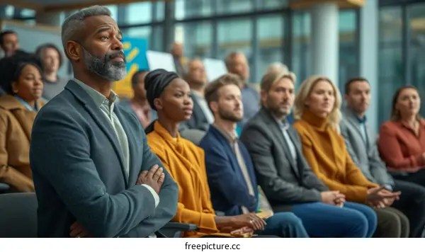 A group of people are sitting in a conference room listening to a speaker