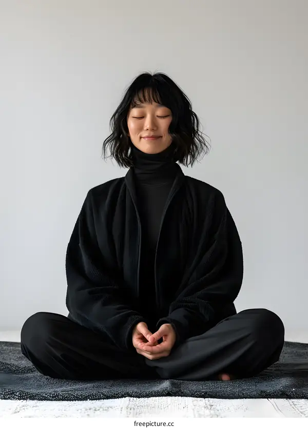 A young woman in black clothes is meditating