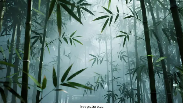 Misty Bamboo Forest with Tall Green Stems and Leaves