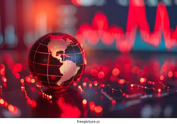 Red glowing globe with continents and red circuit board